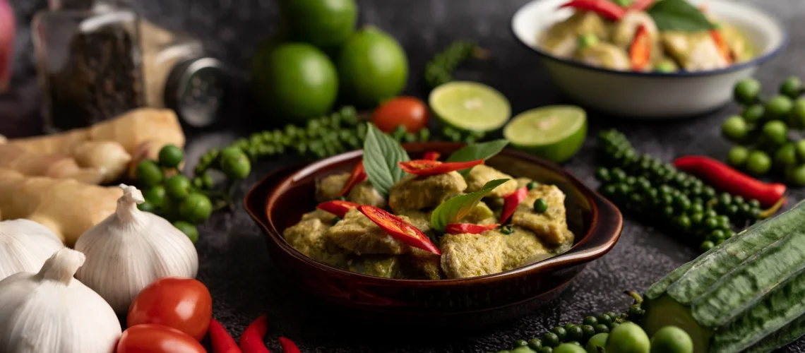 pork-green-curry-brown-bowl-with-spices-black-cement-background